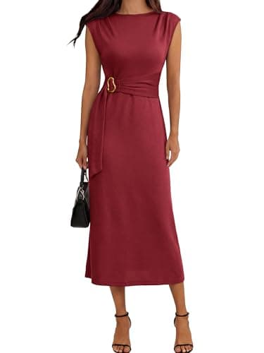 Simplee Womens Summer Casual Cap Sleeve Long Dress Crewneck Elegant Midi Dresses Wedding Guest Cocktail Party Dress (Wine Red S) - Image 1