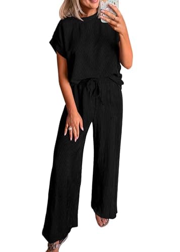 KIRUNDO 2 Piece Sets for Women Dressy Casual Ribbed Knit Short Sleeve Tops Wide Leg Pants Lounge Set Travel Airport Outfits(Black, XX-Large) - Image 1