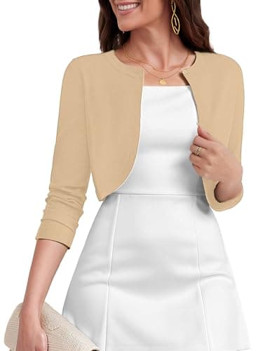 Heymoments Women's Thin Shrugs for Dresses Khaki Heather X-Large Open Front 3/4 Sleeve Knit Lightweight Crop Cardigan Dressy Cropped Tops Coat Sweater Clothes - Image 1