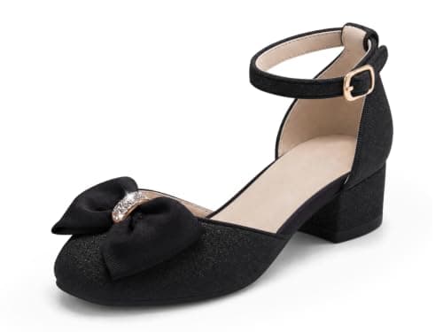 Coutgo Girls Dress Shoes Bow Chunky Heels Glitter Flower Girl Shoes - Image 1