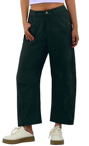 IWOLLENCE Women's Corduroy Barrel Pants Mid-Rise Elastic Waist Casual Cord Wide Legs Baggy Pant with Pockets Trendy Fall Dark Green, L - Image 1