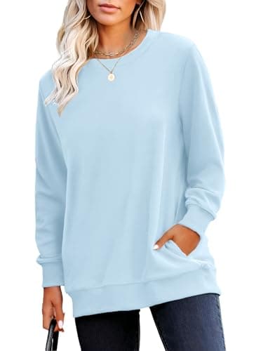 RUMIA Crewneck Fall Sweatshirts for Women Trendy- Women's Plain Long Sleeve Pullover Tops with Pockets Fashion Lightblue - Image 1