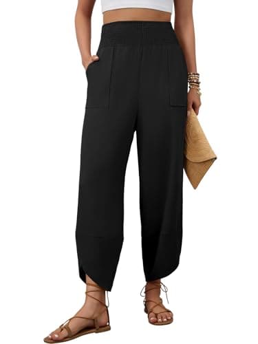 grewley Womens Linen Pants Wide Leg Palazzo Capri Barrel Harem Casual Pants for Women High Waist Trousers Beach Black M - Image 1