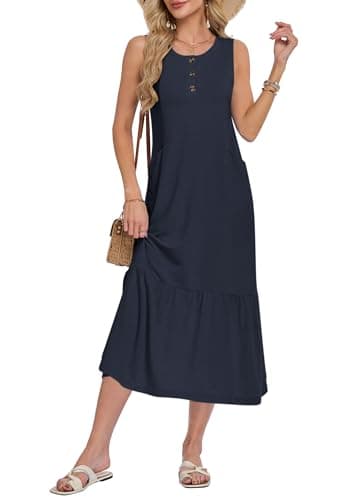 WNEEDU Women Summer Sleeveless Midi Dresses Button Front Sundress with Pockets(Navy Blue,2XL) - Image 1