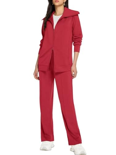 Casly Lamiit 2 Piece Lounge Sets for Women 2026 Casual Sweatsuit Travel Outfits Double Zipper Sweatshirt Long Sweatpants Athletic Track Suit Red XL - Image 1