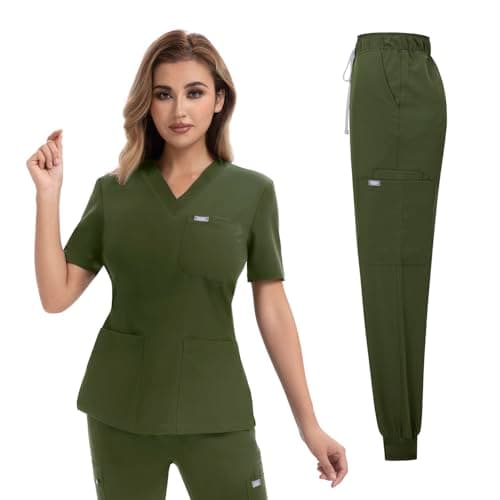 YEZEX Scrubs for Women Set, Medical Scrubs Top & Pants, Jogger Scrub Set w/ 10 Pocket, Slim Fit(Army Green) - Image 1
