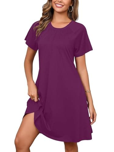 Heymoments Women's Short Sleeve Dress Violet Purple Large Crewneck Casual Loose Flowy Below Knee Length Sundress Business A Line Shirt Teachers Summer Novelty Dresses with Pockets - Image 1