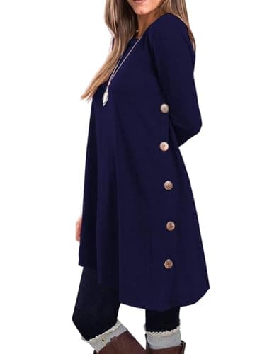 KORSIS Dresses for Women Navy Blue XX-Large Long Sleeve Round Neck Casual Button Side T Shirts Loose Fitting Sweater Fall Winter Tunic Dress - Image 1