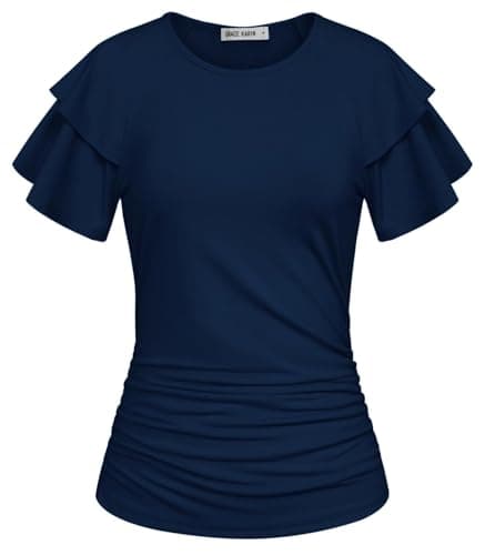 GRACE KARIN Summer Tops for Women Dressy Casual, Ruffle Short Sleeve Work Shirt, 2026 Spring Blouses Navy Blue XX-Large - Image 1