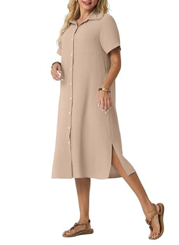HiMONE Women’s Casual Shirt Dress Button Down Midi Dress Short Sleeve Collared Loose Fit Summer Dress with Pocket Side Slit - Image 1