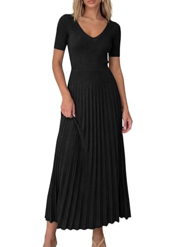 PRETTYGARDEN Women's 2026 Spring Midi Sweater Dresses Elegant Pleated Ribbed Knit Short Sleeve V Neck A Line Summer Outfits (Black,XX-Large) - Image 1