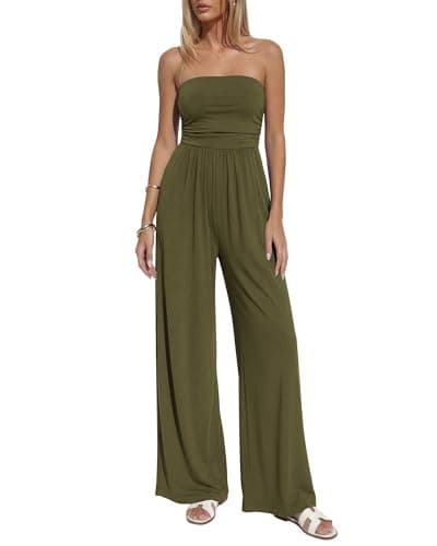 BTFBM Jumpsuits For Women Summer 2026 Beach Vacation Strapless Tube Top Jumpsuit Ruched Casual Wide Leg Pant Rompers(Army Green, Large) - Image 1