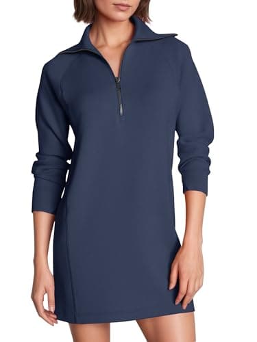 COCOMARTS Womens Long Sleeve Sweatshirt Dress Crewneck Quarter Zip Mini Dresses with Pocket 2025 Fall Winter Fashion Clothes Navy Blue Medium - Image 1