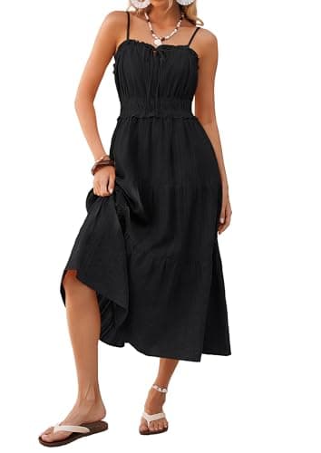 Kate Kasin Women Summer Casual Midi Dresses 2026, Spaghetti Strap Sleeveless Elastic Waist Dress, Boho Beach Sundress Pockets Black - Image 1