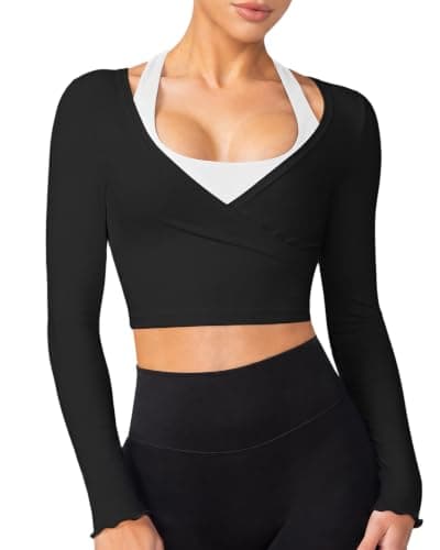 MFAVIP Womens Wrap Tops Long Sleeve Pilates Dance Shirts Yoga Workout Tops - Image 1