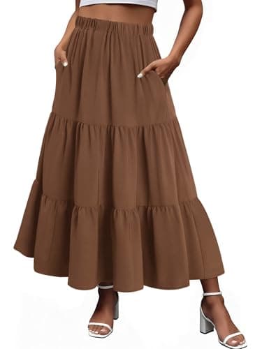 Magritta Women's Vacation Skirt Boho Maxi Skirt Summer Flowy Long Elastic High Waist Pleated Skirt Dark Brown X-Small - Image 1