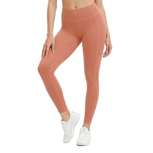 AMLEER High Waisted Full Length Leggings with Pockets for Women, Tummy Control 4-Way Stretch Moisture Wicking Yoga Workout Leggings, Coral, X-Large - Image 1