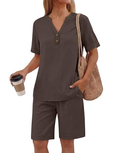 ANRABESS Women 2 Piece Linen Lounge Sets Summer Casual Henley Shirts Short Pajama Set Beach Vacation Clothes Airport Outfits Brown Small - Image 1