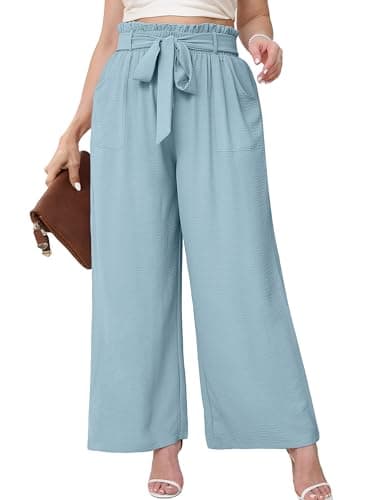 AusLook Women's Plus Size Wide Leg Pants with Pockets Blue Gray 4X Lightweight High Waisted Tie Knot Paperbag Dressy Palazzo Loose Paper Bag Comfy Business Casual Work Flowy Dress Ladies' Trousers - Image 1