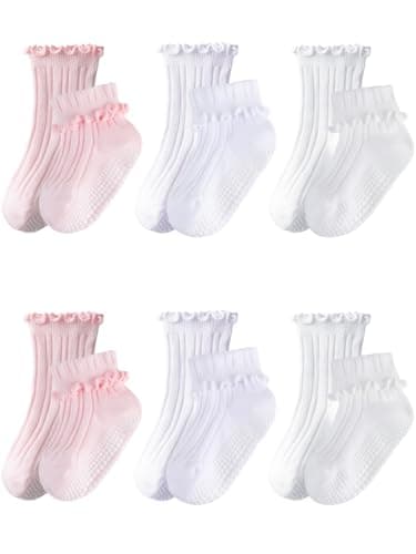 ALLOVIN 6 Pairs Non-Slip Ruffle Socks for Baby & Toddler Girls – Soft Cotton Grip Socks | Pure White/Off-White/Pink | 1-3 Years - Image 1