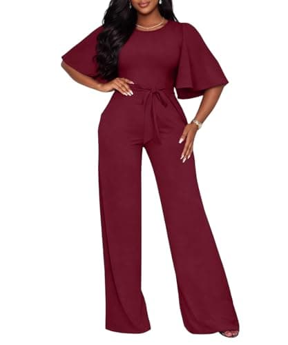 ABKY Jumpsuits For Women Dressy Batwing Sleeve Belted Wide Leg Romper Formal Wedding Evening Party Jumpsuit One Piece Outfits Burgundy M - Image 1