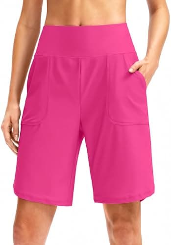 Viodia Women's 9" Long Swim Board Shorts with Pockets High Waisted Beach Swimsuits Knee Length Short for Women with Liner Rosy - Image 1