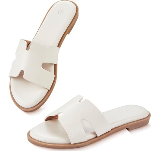 YTSKJ Womens Dressy Flat Sandals Round Open Toe Slides Casual Comfortable Cute Slip On Leather Shoes Summer Sandals for Women 2026 Beige Size 6 - Image 1