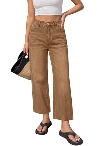 BTFBM Jeans for Women 2026 Summer High Waisted Button Straight Leg Stretchy Cropped Raw Hem Trendy Denim Pants Pockets(Camel,4) - Image 1