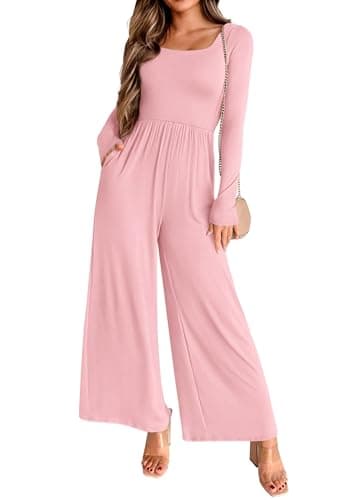 KIRUNDO Long Sleeve Jumpsuit for Women 2026 Spring Outfits Summer One Piece Square Neck Wide Leg Pants Romper With Pockets(Pink, X-Large) - Image 1