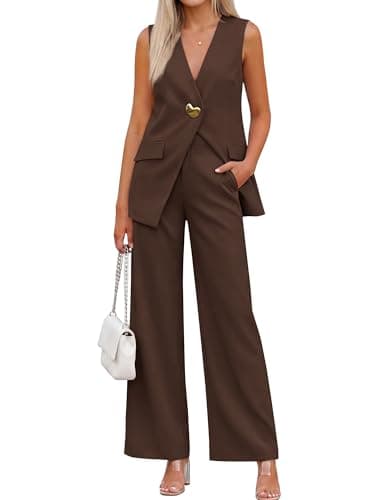 KIRUNDO Pant Suits for Women Dressy 2 Piece Business Casual Outfits Summer Sleeveless Blazer Vest Wide Leg Pantsuit Sets(Brown, X-Large) - Image 1