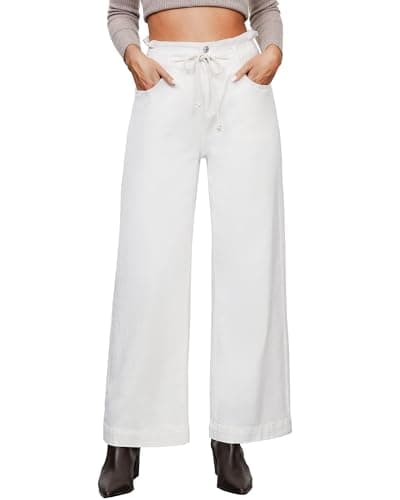 LookbookStore Womens Jeans Wide Leg High Waisted Trendy Elastic Wasit Drawstring Stretch Denim Pants Baggy Trouser Jeans for Women Baggy Off White Size Medium Size 8 10 - Image 1