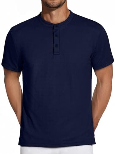 Crastimo Men's Henley Shirts Short Sleeve High Elasticity Ribbed Waffle Knit Stretchy Soft Texture Fabric Regular Fit 3 Buttons Summer Dress Blue XL - Image 1