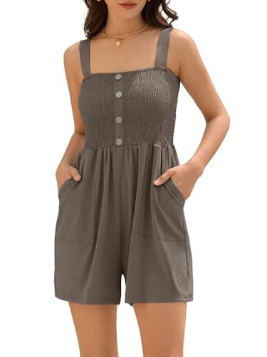 ZAFUL Womens Summer Rompers Casual Short Jumpsuit Sleeveless Square Neck Tank Tops One Piece Smocked Faux Button Playsuits Flowy Beach Vacation Clothes Fashion Dress Pockets 2026 Brown Coffee Medium - Image 1