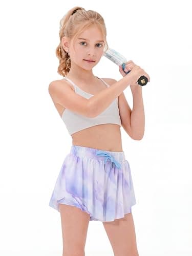Stelle Girls Flowy Shorts with Pockets Athletic Running High Waist Butterfly 2 in 1 Shorts (Lilac Sky,XXL) - Image 1