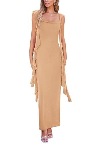 PRETTYGARDEN Women's 2026 Summer Wedding Guest Dress Sleeveless Ruffle Formal Cocktail Party Maxi Bodycon Dresses (Apricot,Medium) - Image 1