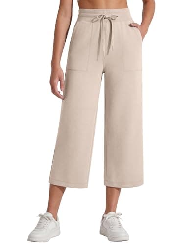 G4Free Capri Sweatpants for Women High Waisted Casual Pants Wide Leg Capri Pants with Pockets Sweatpants Lounge Travel Pants(Light Khaki,XS,Regular) - Image 1