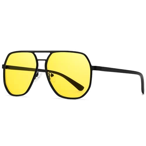 SUNGAIT Night Driving Glasses for Men Women: Polarized Aviator Square Yellow Sunglasses Anti-Glare UV400 Protection (Black Frame/Black Rim/Night lens) SGT375-SHKYS - Image 1