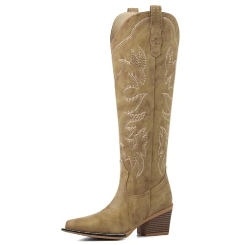 ZBVB Cowboy Boots for Women, Cowgirl Boots Knee High with Snip Toe, Chunky Heel and Classic Embroidery for Concert Wedding Rodeo Party, Brown 8.5 - Image 1