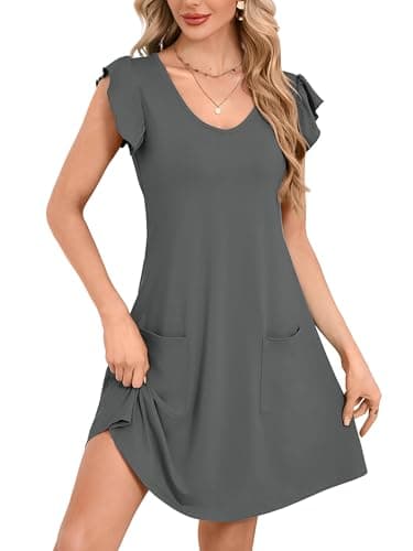 DEARCASE Womens Summer T-Shirt Dresses V Neck Elegant Classy Ruffle Sleeve A-line Tunic Dress 2026 with Pockets Mid Gray Medium - Image 1