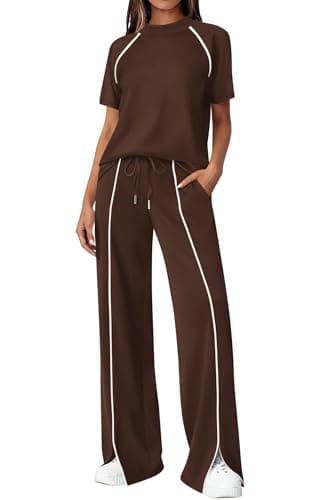 BTFBM Casual Two Piece Sets For Women Summer Outfits Solid Matching Sweatsuit Lounge Set Wide Leg Pants Workout(Brown,Medium) - Image 1