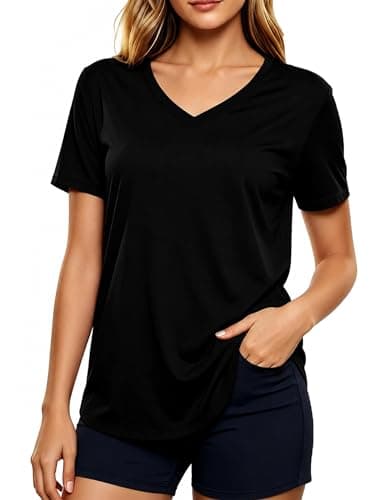 V Neck Workout Tops for Women Athletic Tee Black - Image 1