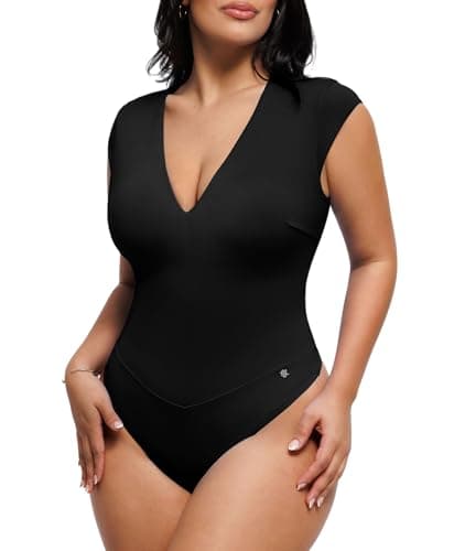 Popilush Shapewear Bodysuits for Women Deep V Neck Cap Sleeve Thong Body Suit Tummy Control Plus Size Going Out Tops Black - Image 1