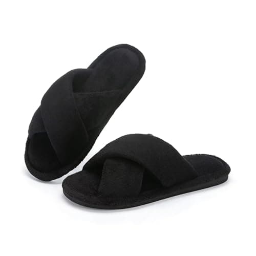 NineCiFun Women's Slippers Open Toe Cross Band Breathable House Shoes with Memory Foam, Cozy Footbed, Non-Slip Indoor Slides Black 9 10 - Image 1