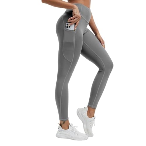 AMLEER High Waisted Full Length Leggings with Pockets for Women, Tummy Control 4-Way Stretch Moisture Wicking Yoga Workout Leggings, Gery, Small - Image 1