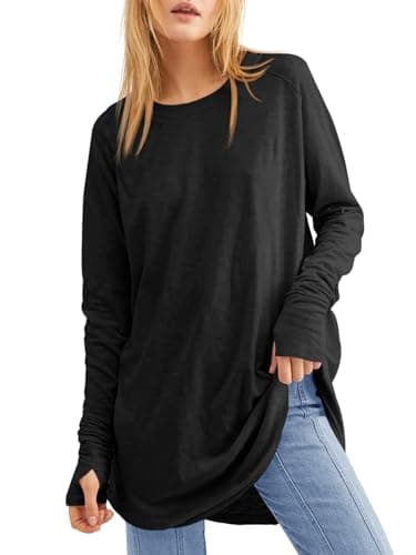 Fisoew Women's Casual Long Sleeve Tops Crew Neck Round Hem Loose T-Shirts Tunic Tops with Thumb Holes Black - Image 1