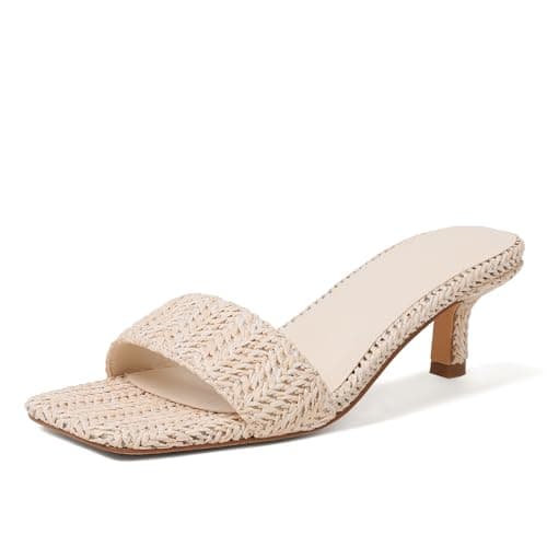Ancomafio Kitten Heel Sandals Raffia Low Heels 2 Inch Square Open Toe Sandals for Women Slip on Summer Vacation Casual Shoes Beige Size 8 - Image 1