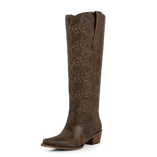 QIY Cowgirl Boots Women Embroidered Dark Brown Cowboy Boots for Women Nashville Pointed Toe Block Heel Knee High Western Cow Girl Boot Size 6.5 - Image 1
