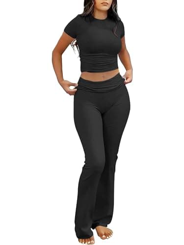 ANRABESS Lounge Sets for Women 2 Piece Foldover Yoga Flare Leggings Pants Crop Tops Casual Y2K Outfits Matching Tracksuit Set Black X-Small - Image 1