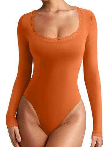 REORIA Womens Sexy Lace Scoop Neck Long Sleeve Body Suit Fall Outfits Double Lined Layering Slim Soft Bodysuit Tops Harvest Pumpkin Medium