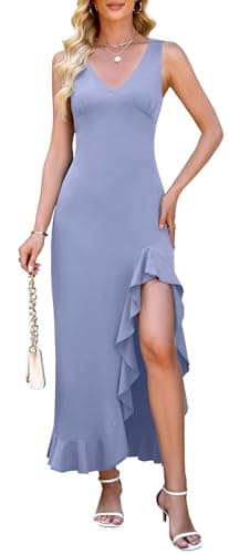WEACZZY Womens V Neck Sleeveless Backless Casual Flowing Wedding Guest Dress Maxi Dress Elegant Party Club Long Dress,Smoke Blue,S - Image 1